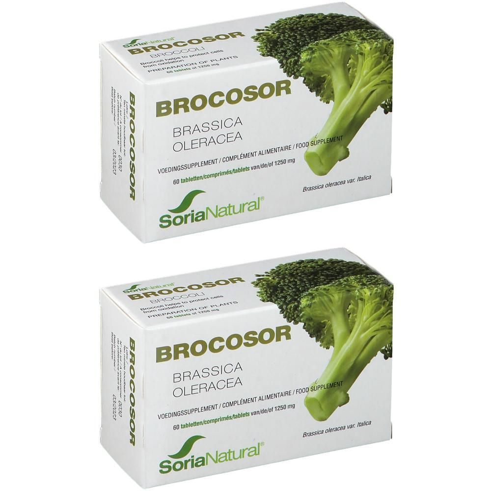 Deux boîtes de comprimés Brocosor. Inscription: Brocosor, Brassica oleracea, Soria Natural. Illustration de brocoli.