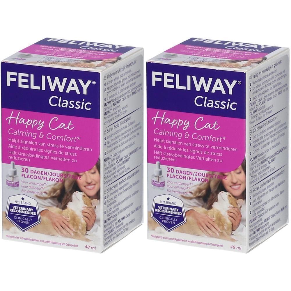 Zwei Feliway Classic-Verpackungen. Aufschrift: Happy Cat, Calming & Comfort. Mit Abbildung einer Katze und einer Frau.