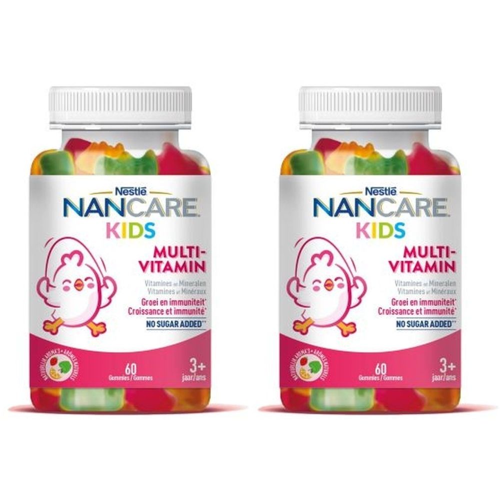 Zwei Flaschen Nestlé NANCARE KIDS Multivitamin. Jede Flasche enthält 60 Gummibärchen. Aufschrift: Multi-Vitamin, 3+ Jahre.