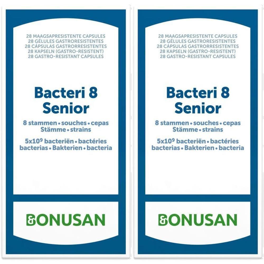 Verpackung von BONUSAN Bacteri 8 Senior. Blaue und weiße Schachtel mit Produktnamen und Logo. Enthält 28 Kapseln.