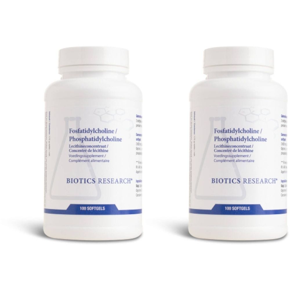 Deux flacons blancs avec étiquettes. Inscription : Fosfatidylcholine, BIOTICS RESEARCH, 100 gélules.