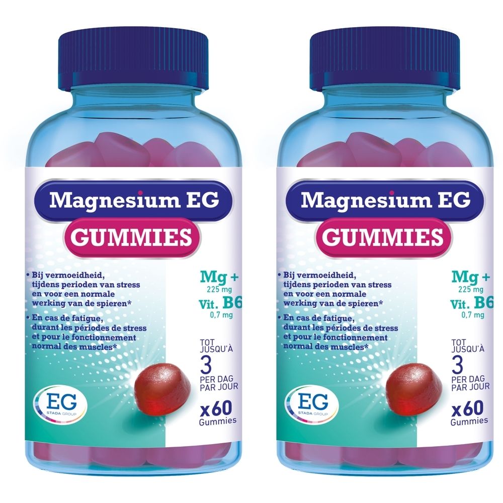 Deux flacons de EG Magnesium Gummies. Bouchons bleus, contenants transparents avec gommes rouges. Inscription: Magnesium EG Gummies.