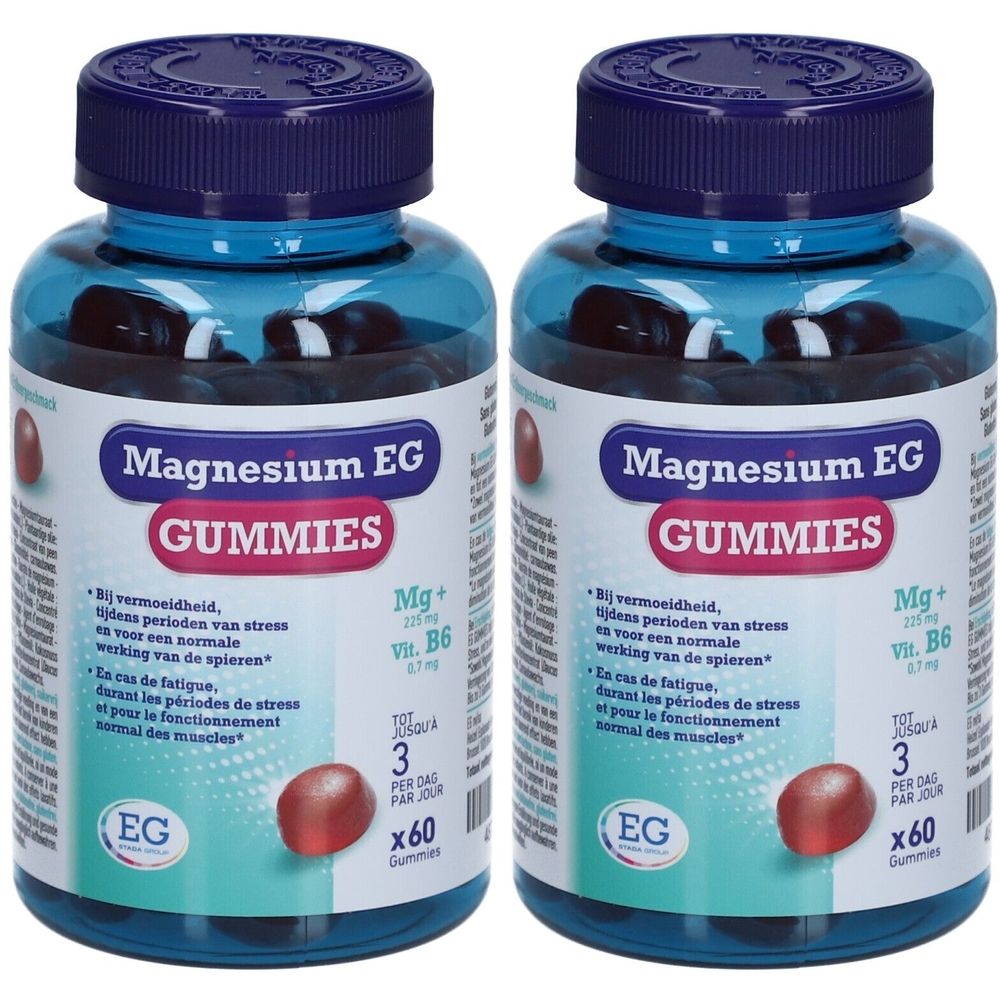 Zwei Flaschen EG Magnesium Gummies. Blaue Deckel, transparente Behälter mit roten Gummibärchen. Aufschrift: Magnesium EG Gummies.