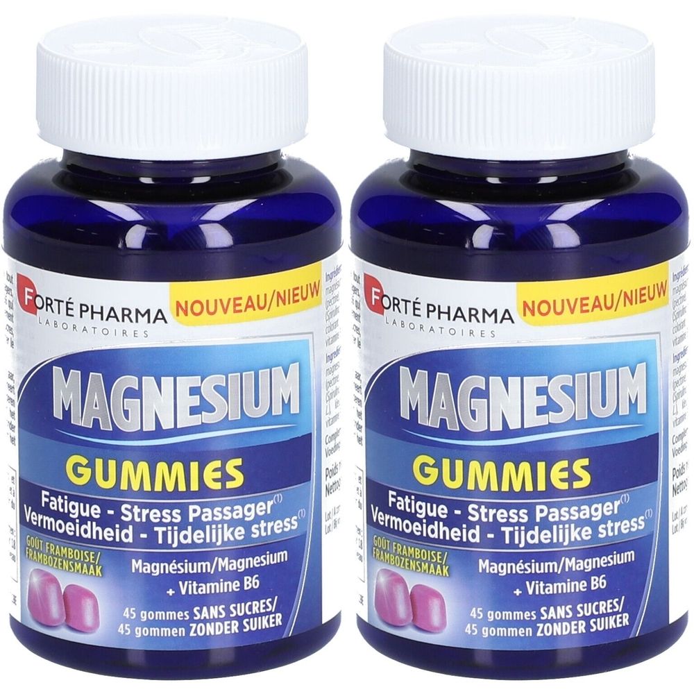 Zwei Flaschen Magnesium Gummies. Blaue Flaschen mit weißem Deckel. Aufschrift: Magnesium Gummies, Fatigue-Stress Passager, Vitamin B6.