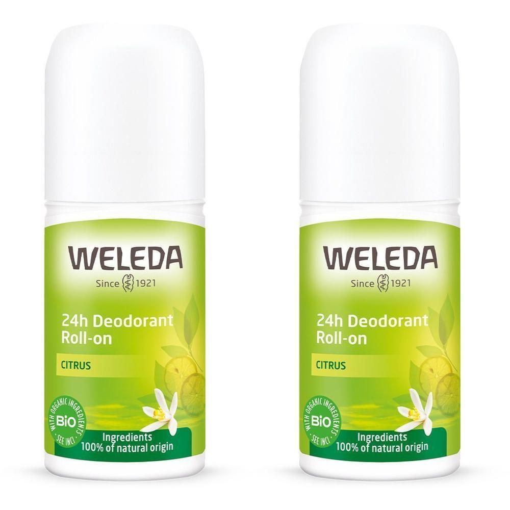 Zwei Weleda 24h Deodorant Roll-on Citrus Flaschen. Weißer Deckel, grüne Etiketten mit Logo, Produktname und Bio-Siegel.