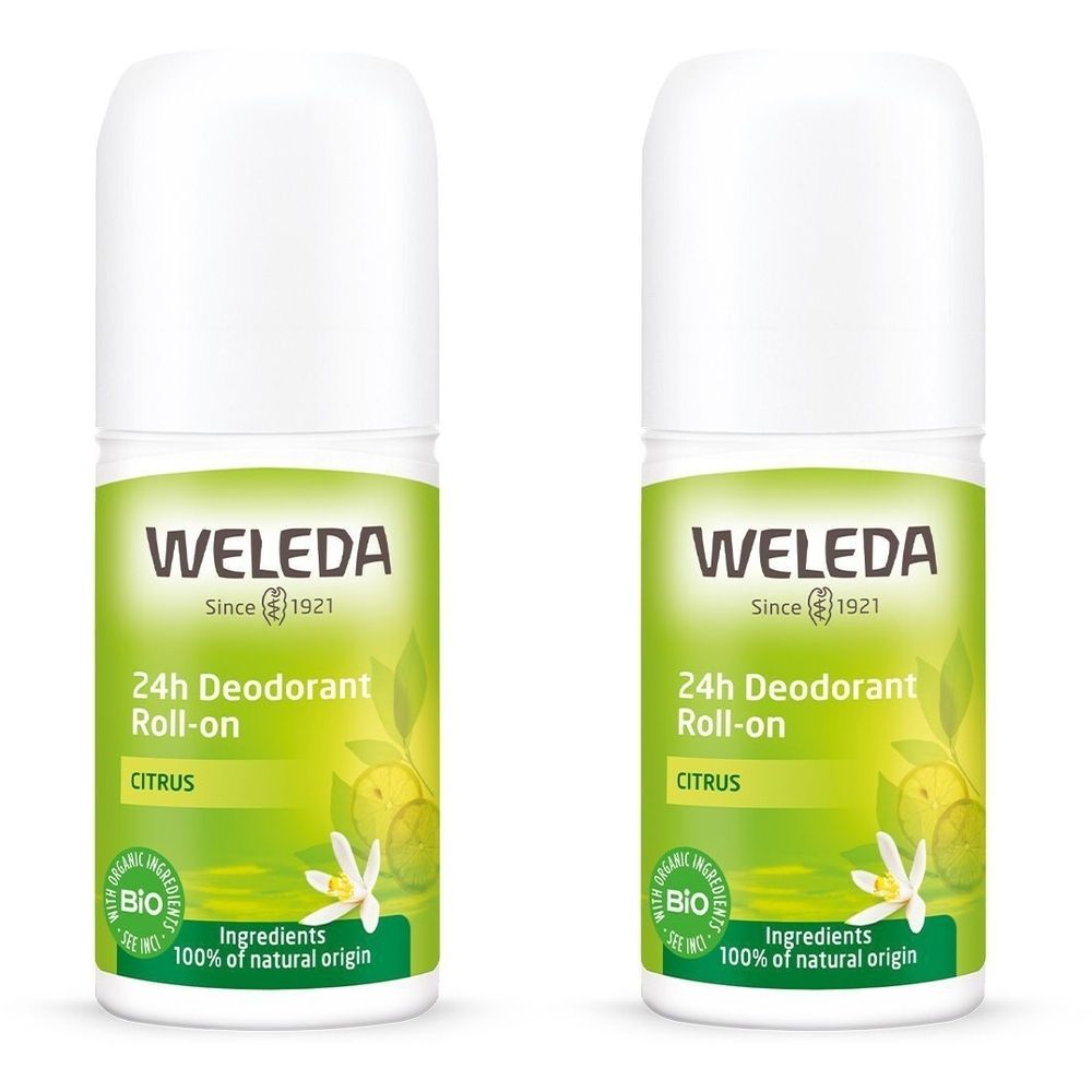 Deux flacons de déodorant roll-on Weleda 24h Citrus. Bouchon blanc, étiquettes vertes avec logo, nom du produit et label bio.
