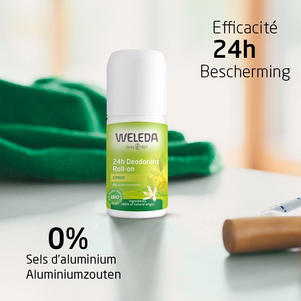 Weleda 24h Deodorant Roll-on Citrus auf einem Tisch. Text: 'Efficacité 24h Bescherming' und '0% Sels d'aluminium Aluminiumzouten'.