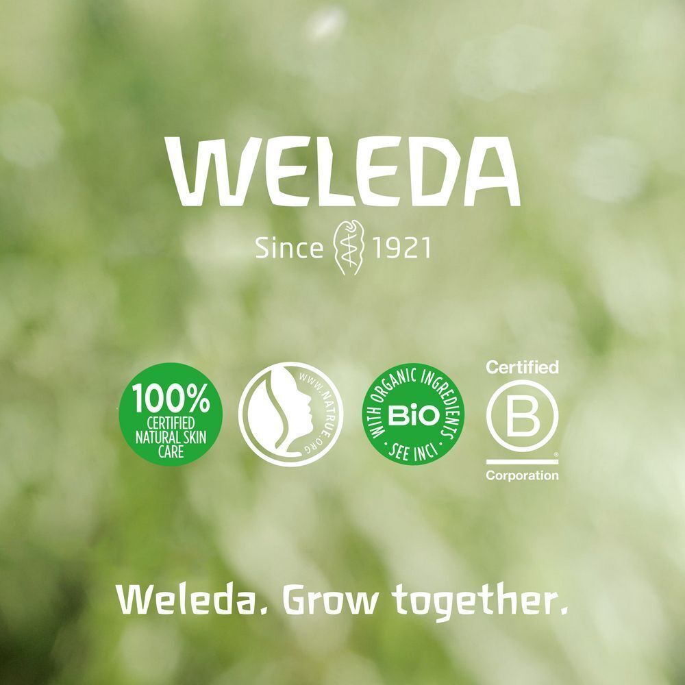 Weleda Logo und Zertifizierungen: 100% Certified Natural Skin Care, Bio-Siegel, B Corp Zertifizierung.