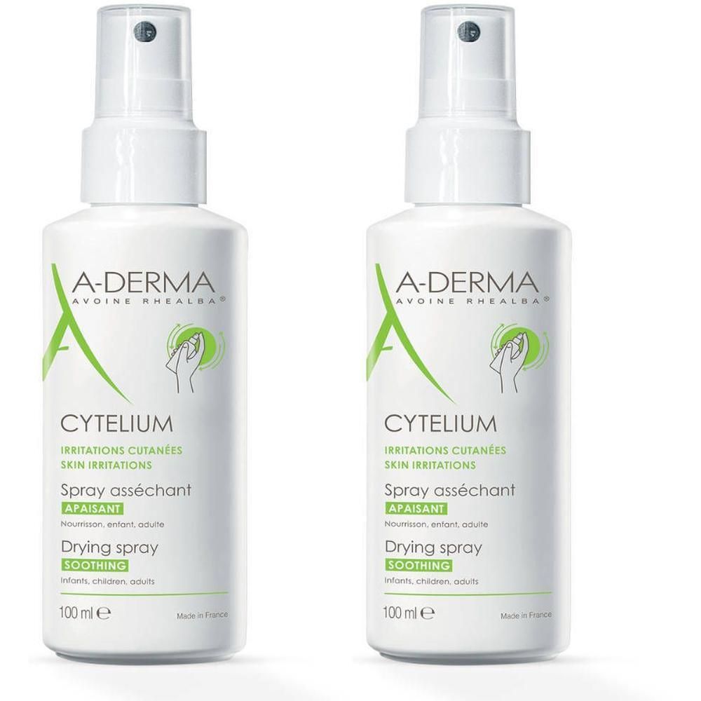 Zwei weiße Sprühflaschen mit A-DERMA-Logo und Cytelium-Aufschrift. Text: Irritationen cutanées, Spray asséchant, 100 ml.