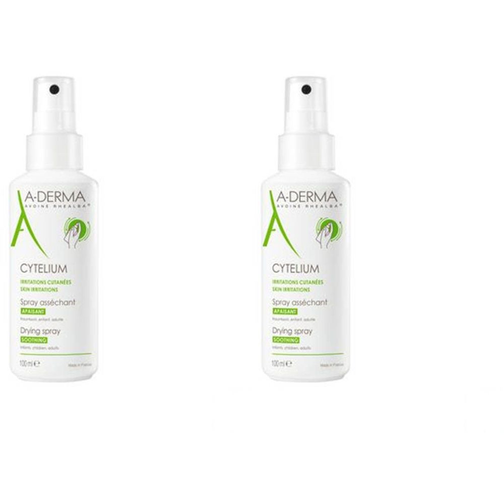 Deux flacons spray blancs A-DERMA Cytelium. Inscriptions: Irritations cutanées, Spray asséchant, 100 ml. Pour enfants, adultes.