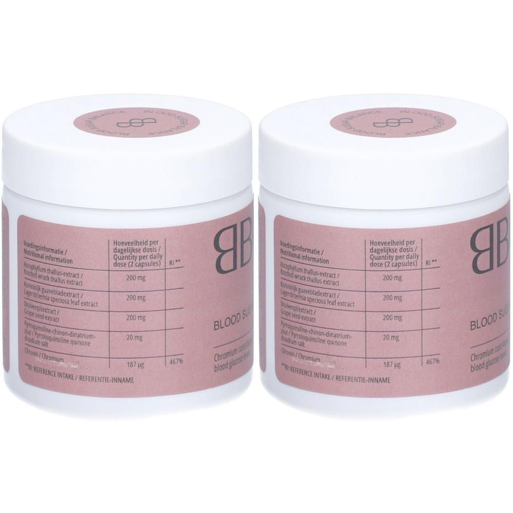 Zwei weiße Dosen mit rosa Etiketten. Aufschrift: BBODY, Blutzucker-Balance. Tabellarische Nährwertangaben.