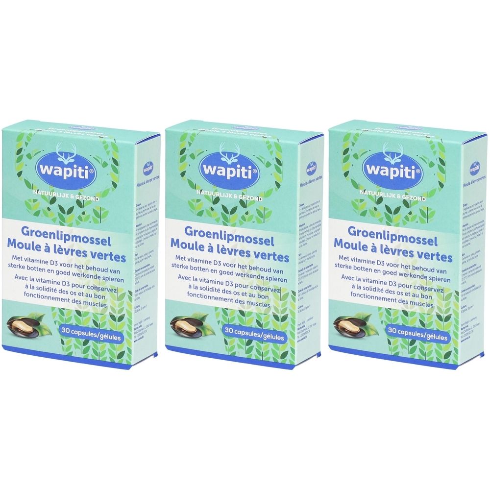 Drei grüne Schachteln mit dem Logo "wapiti" und der Aufschrift "Groenlipmossel Moule à lèvres vertes". Jede Schachtel enthält 30 Kapseln.