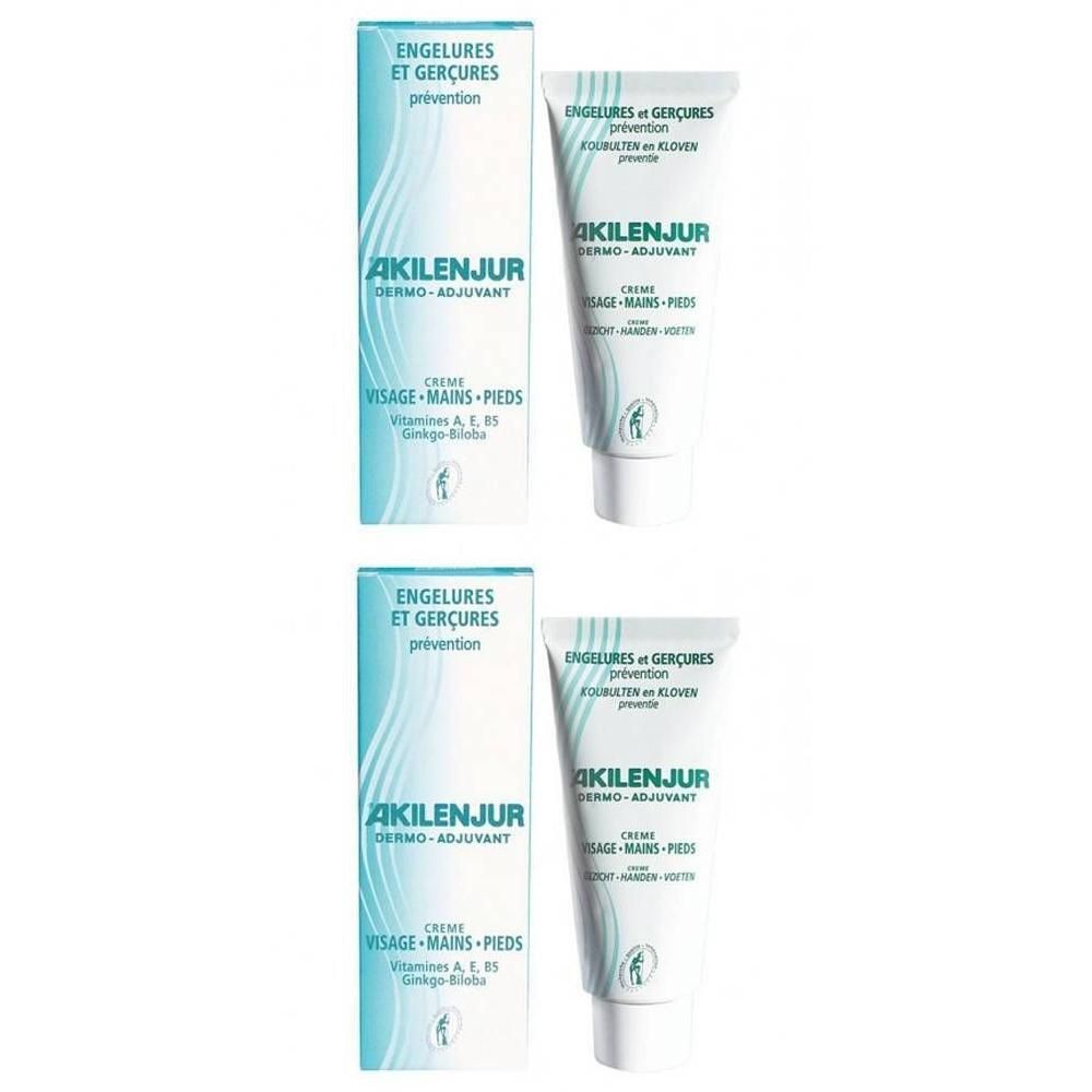 Zwei Tuben und Schachteln ®AKILENJUR Crème. Weiße Tuben mit blauer Schrift. Blaue Schachteln mit Produktnamen und Text.