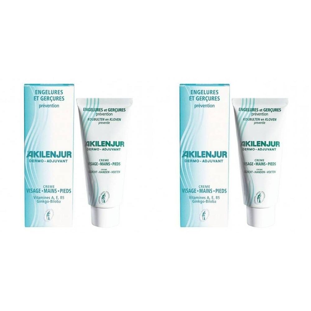 Deux tubes et boîtes de ®AKILENJUR Crème. Tubes blancs avec texte bleu. Boîtes bleues avec nom et texte du produit.