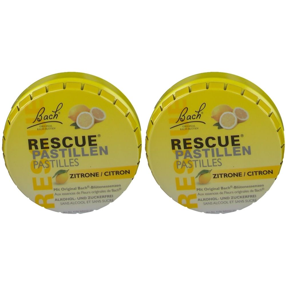 Deux boîtes rondes jaunes avec l'inscription "Bach RESCUE PASTILLES Citron". Inscription et illustration de citron.
