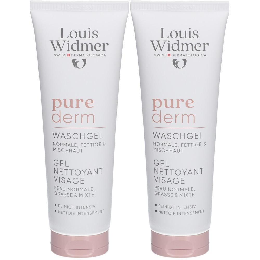 Zwei Tuben Louis Widmer Purederm Waschgel. Weiß, mit rosa Verschluss. Text: pure derm, Waschgel, Gel nettoyant visage.