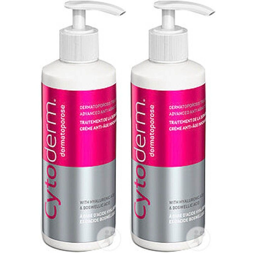 Deux flacons de crème Cytoderm Dermatoporose avec pompe doseuse. Étiquettes roses et argentées avec informations.
