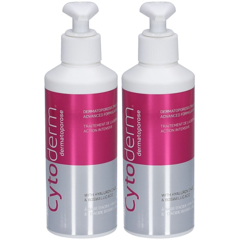 Zwei Flaschen Cytoderm Dermatoporose Creme mit Dosierpumpe. Rosa-weiße Etiketten mit Produktinformationen.