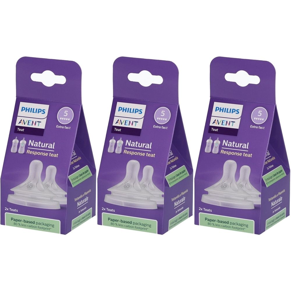 Drei Packungen Philips Avent Natural Response Teat. Jede Packung enthält zwei Sauger. Verpackung mit Markenlogo und Produktbezeichnung.