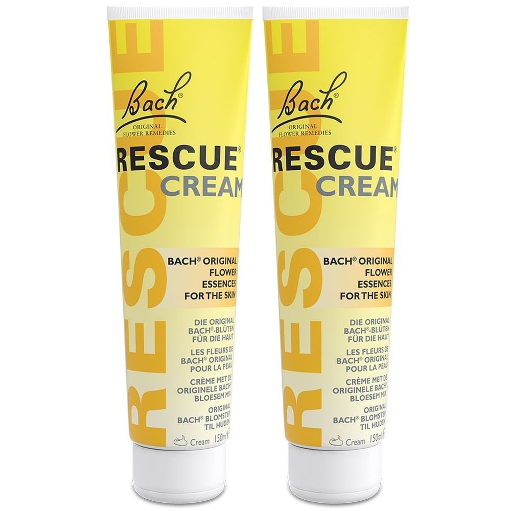 Deux tubes jaunes avec bouchons blancs. Inscription: RESCUE CREAM, Bach Original Flower Remedies. Texte multilingue.