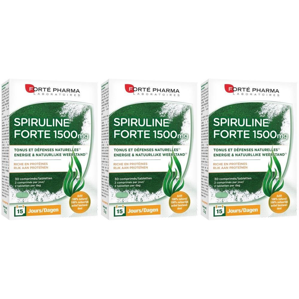 Drei Schachteln Forté Pharma Spirulina 1500 mg. Aufdruck: Spiruline Forté 1500 mg, 30 Tabletten, 15 Tage.