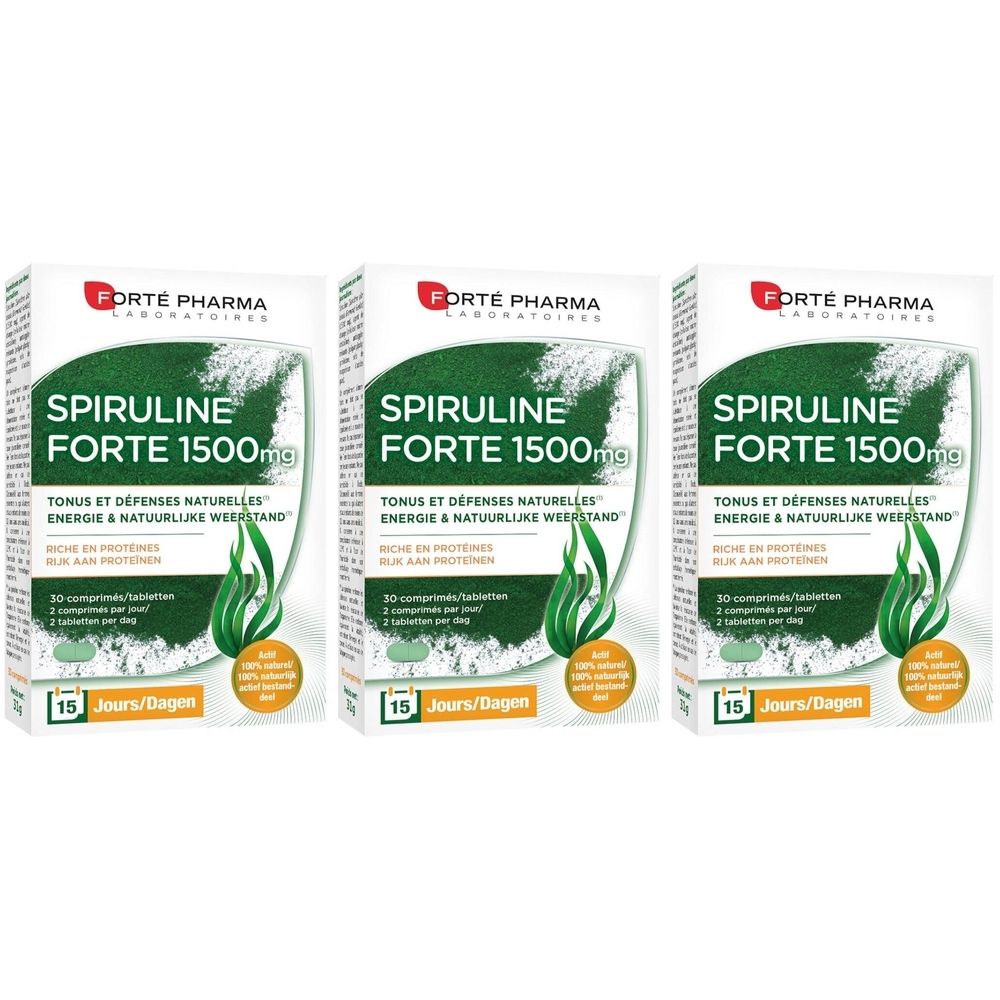 Trois boîtes de Forté Pharma Spiruline 1500 mg. Inscription : Spiruline Forté 1500 mg, 30 comprimés, 15 jours.