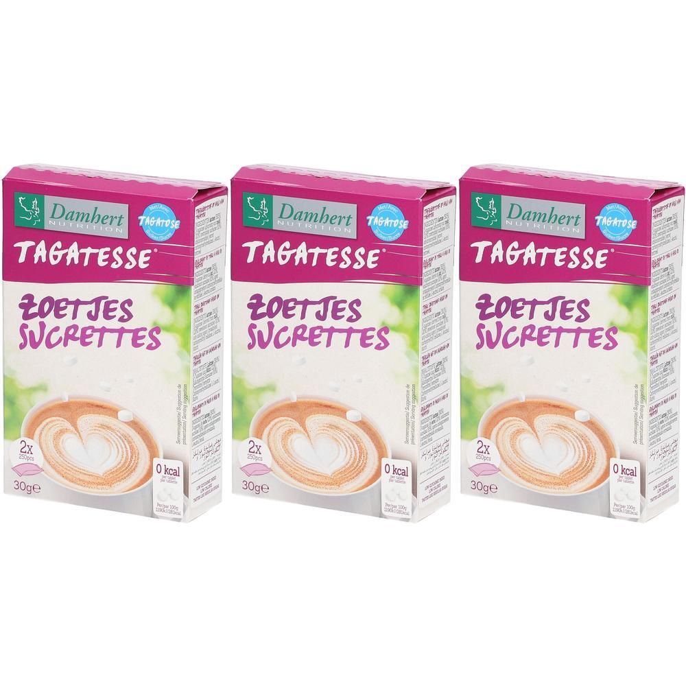 Drei Packungen Damhert Tagatesse Süßstoff. Rosa und weißes Design mit Produktnamen und Logo. 30g Packung.
