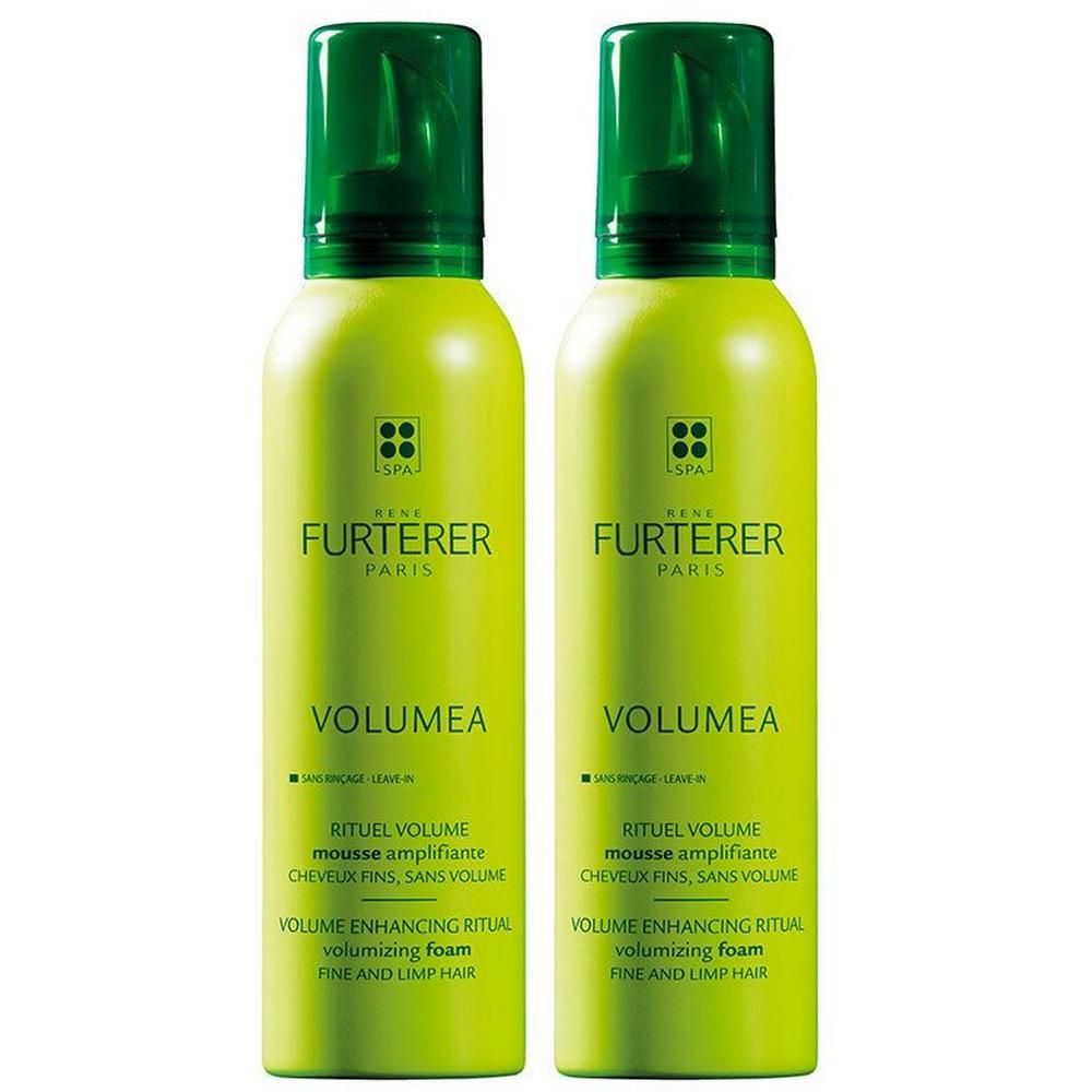 Zwei grüne Flaschen Rene Furterer Volumea Mousse. Text: Volumea, Rituel Volume, Mousse amplifiante, für feines Haar.