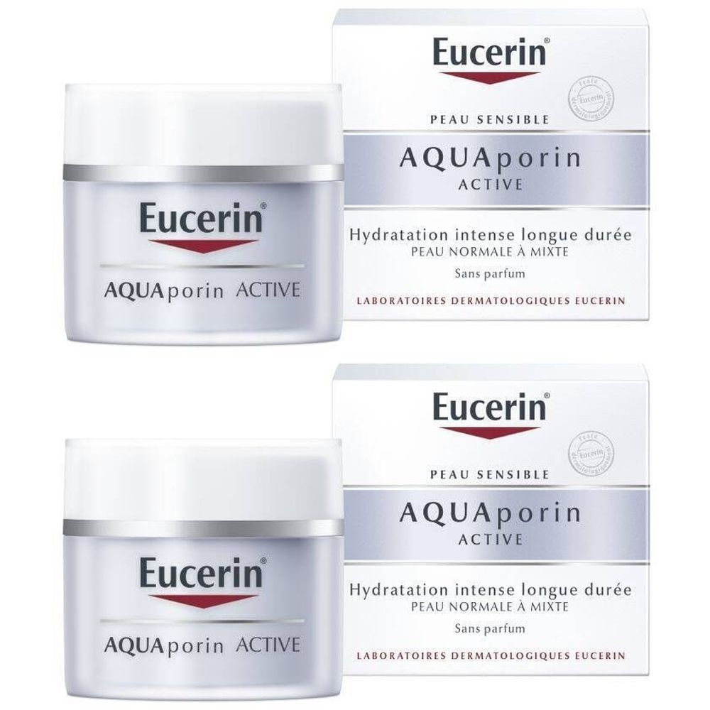 Deux pots de crème et emballages. Inscription: Eucerin AQUAporin ACTIVE, pour peaux sensibles. Sans parfum.
