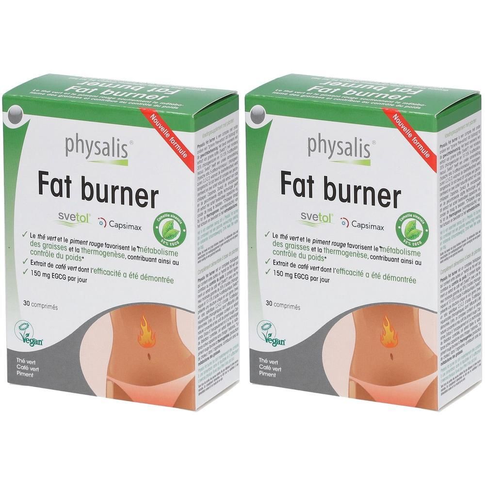 Zwei grüne Schachteln mit "physalis Fat burner"-Aufdruck. Enthält 30 Tabletten. Abbildung eines Körpers mit Flamme.