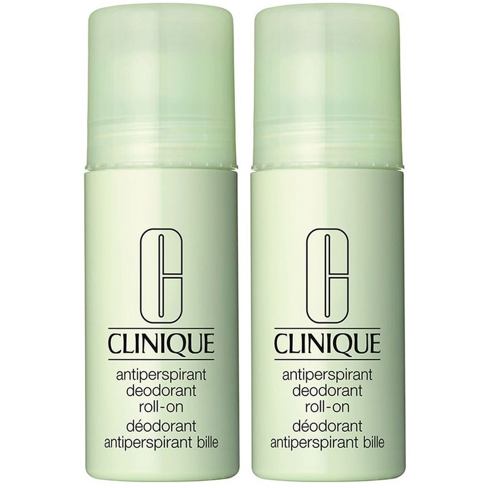 Deux déodorants roll-on CLINIQUE. Flacons vert clair avec texte blanc. Nom du produit et logo visibles.