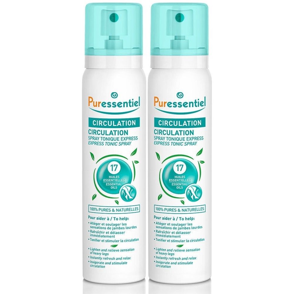 Zwei Sprühflaschen mit türkisfarbenen Sprühköpfen. Aufschrift: CIRCULATION, 17 ätherische Öle. Marke: Puressentiel.