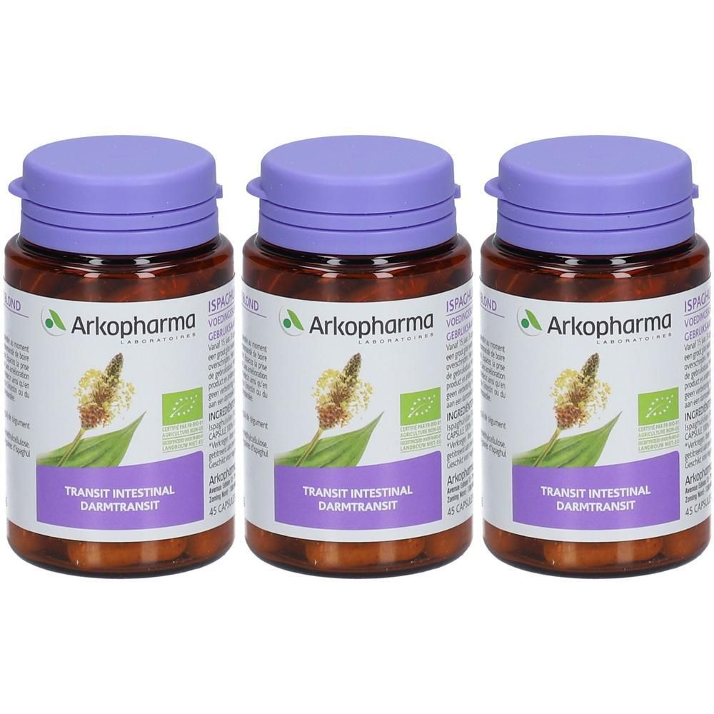 Drei braune Flaschen mit lila Deckeln. Auf jeder Flasche steht "Arko", "Transit Intestinal" und ein Bio-Siegel. Etikett mit Pflanzendarstellung.