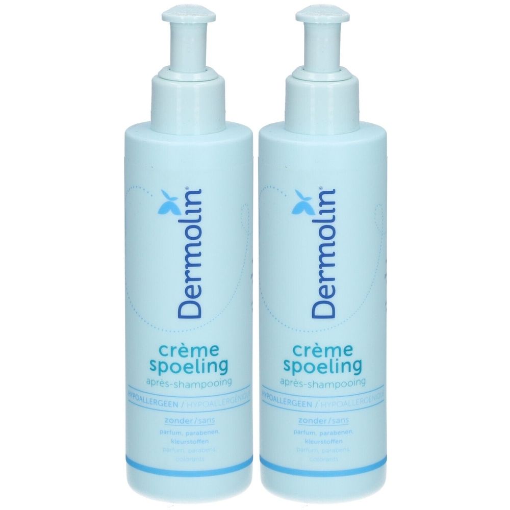 Deux flacons bleu clair avec pompe. Inscription: Dermolin, crème spoeling, après-shampooing. Texte en dessous.