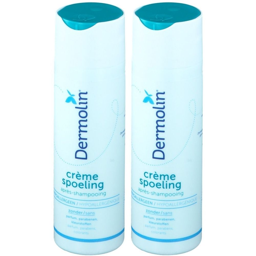 Zwei weiße Flaschen mit blauem Deckel. Aufschrift: Dermolin, crème spoeling, après-shampooing. Text darunter.