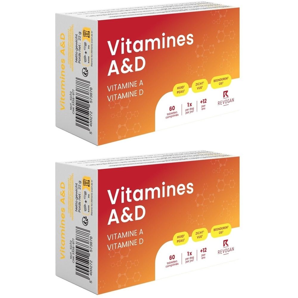 Deux boîtes de Nutritic Vitamines A&D. Emballage orange avec nom du produit et informations. Contient 60 comprimés.