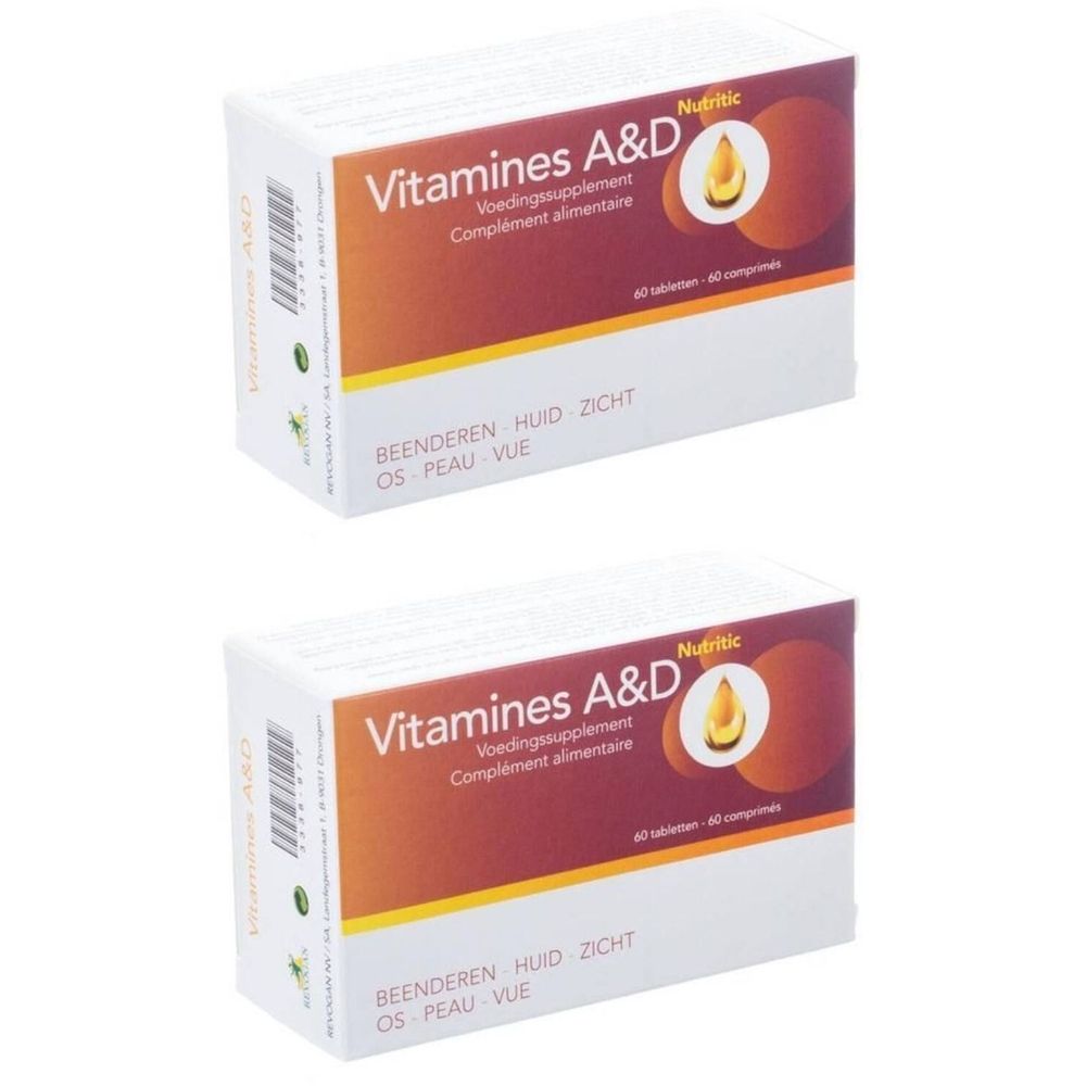 Zwei Schachteln Nutritic Vitamines A&D. Weiße Verpackung mit orangefarbenem Feld und Produktnamen. Enthält 60 Tabletten.