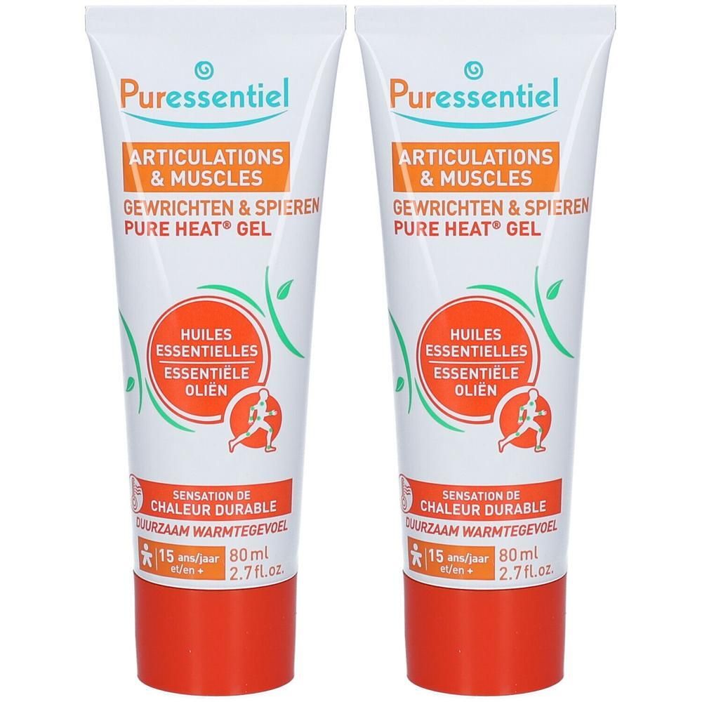 Zwei Tuben Puressentiel Gel. Weiß, orange und grün. Beschriftung: Articulations & Muscles, Pure Heat Gel, Huiles Essentielles, 80ml.