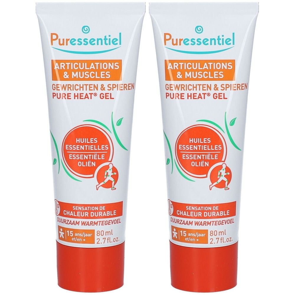 Deux tubes de gel Puressentiel. Blanc, orange et vert. Inscription: Articulations & Muscles, Pure Heat Gel, Huiles Essentielles, 80ml.