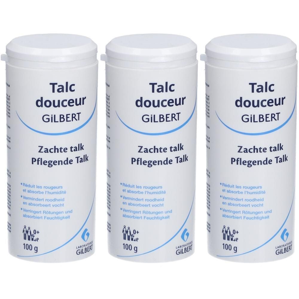 Drei weiße Behälter mit Deckel. Aufschrift: Talc douceur GILBERT, Zachte talk, Pflegende Talk. 100 g.