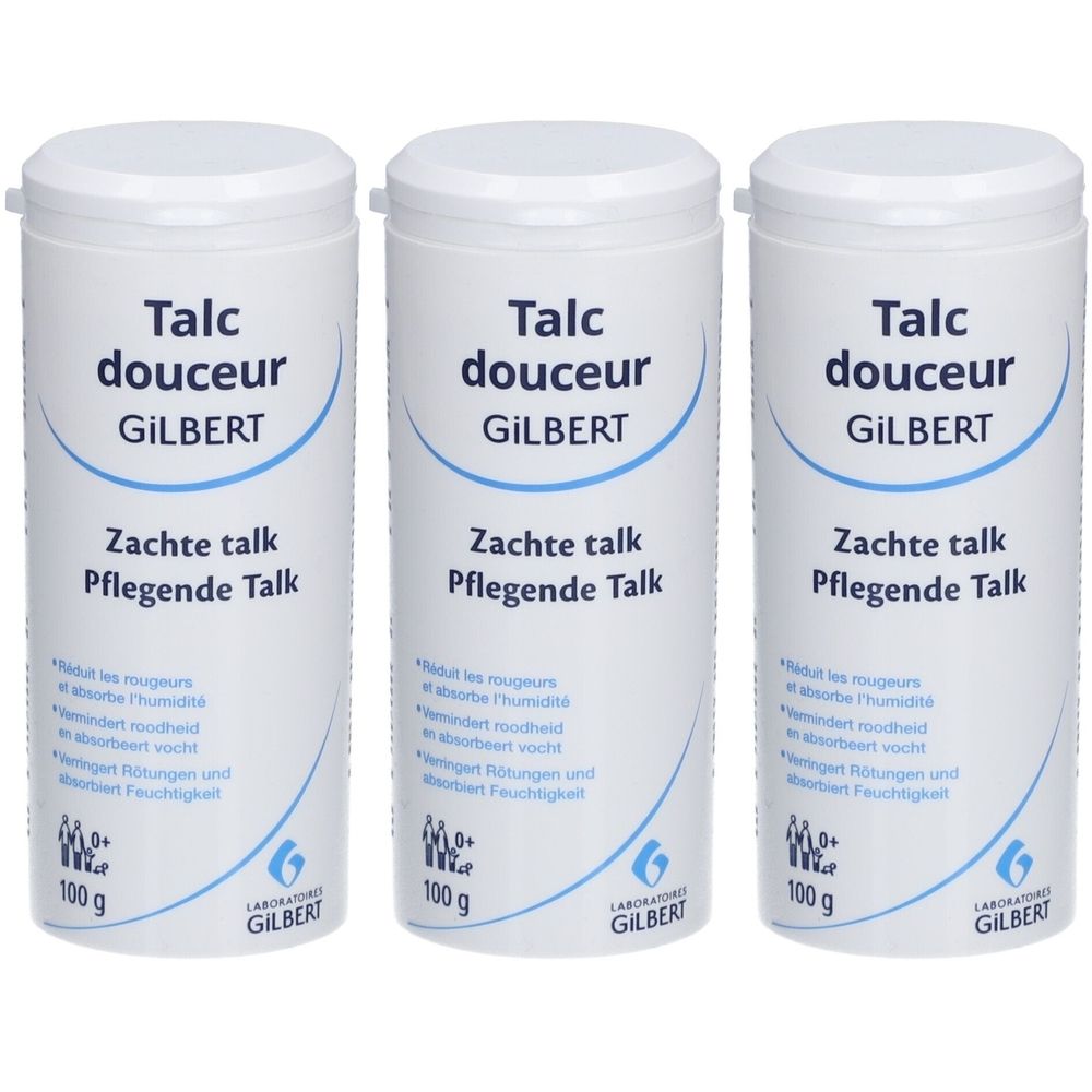Trois flacons blancs avec couvercles. Inscription: Talc douceur GILBERT, Zachte talk, Pflegende Talk. 100 g.