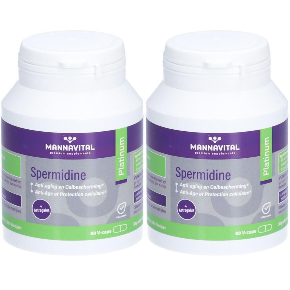 Zwei weiße Flaschen mit lila und grünen Etiketten. Aufschrift: Mannavital Spermidin. 60 V-caps.