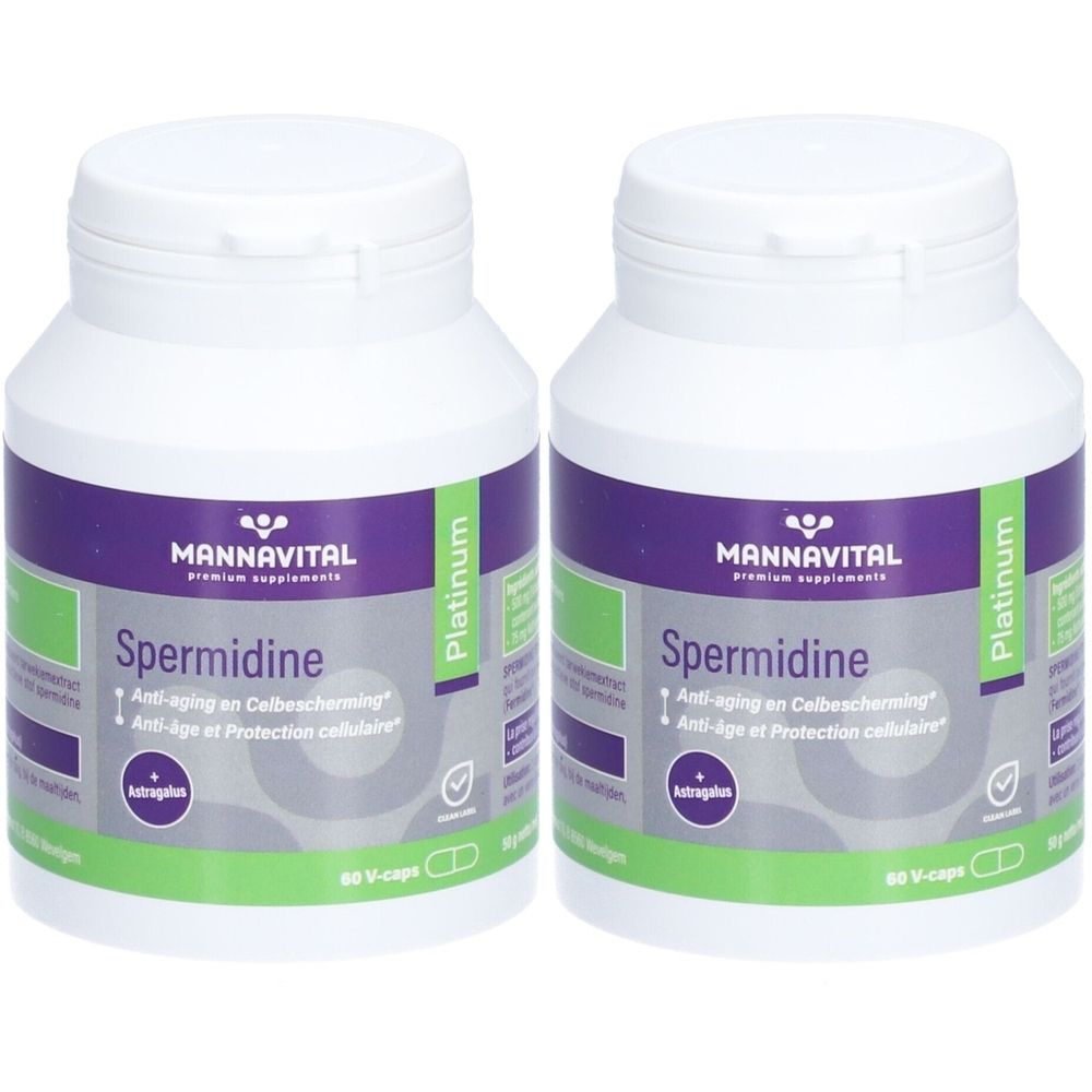 Deux flacons blancs avec étiquettes violettes et vertes. Inscription : Mannavital Spermidine. 60 V-caps.