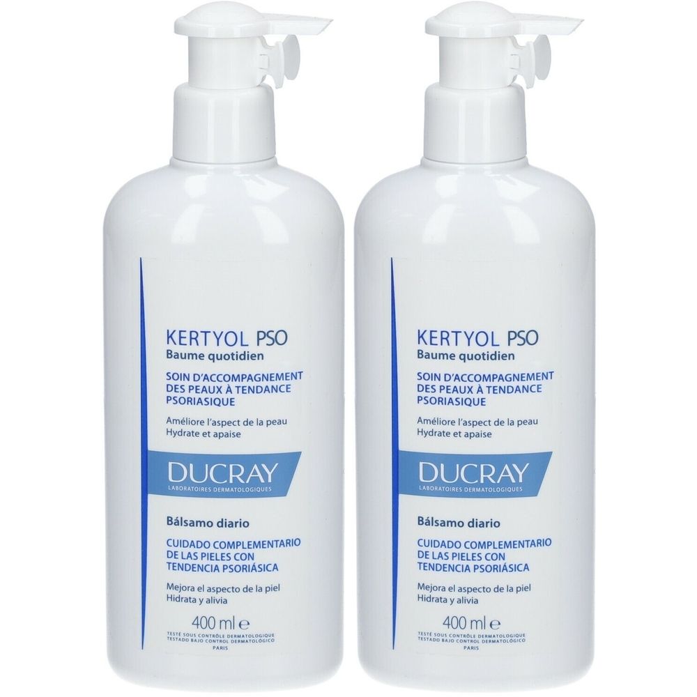 Deux flacons blancs avec pompe. Inscription : KERTYOL PSO, Baume quotidien, DUCRAY. 400 ml.