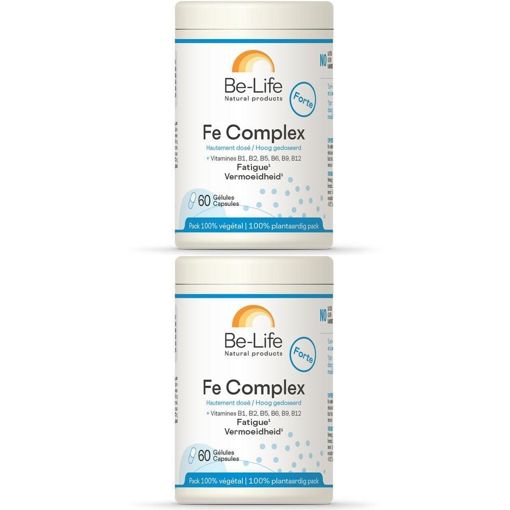 Deux boîtes blanches avec texte bleu et orange. Inscription: Be-Life Fe Complex, 60 gélules.
