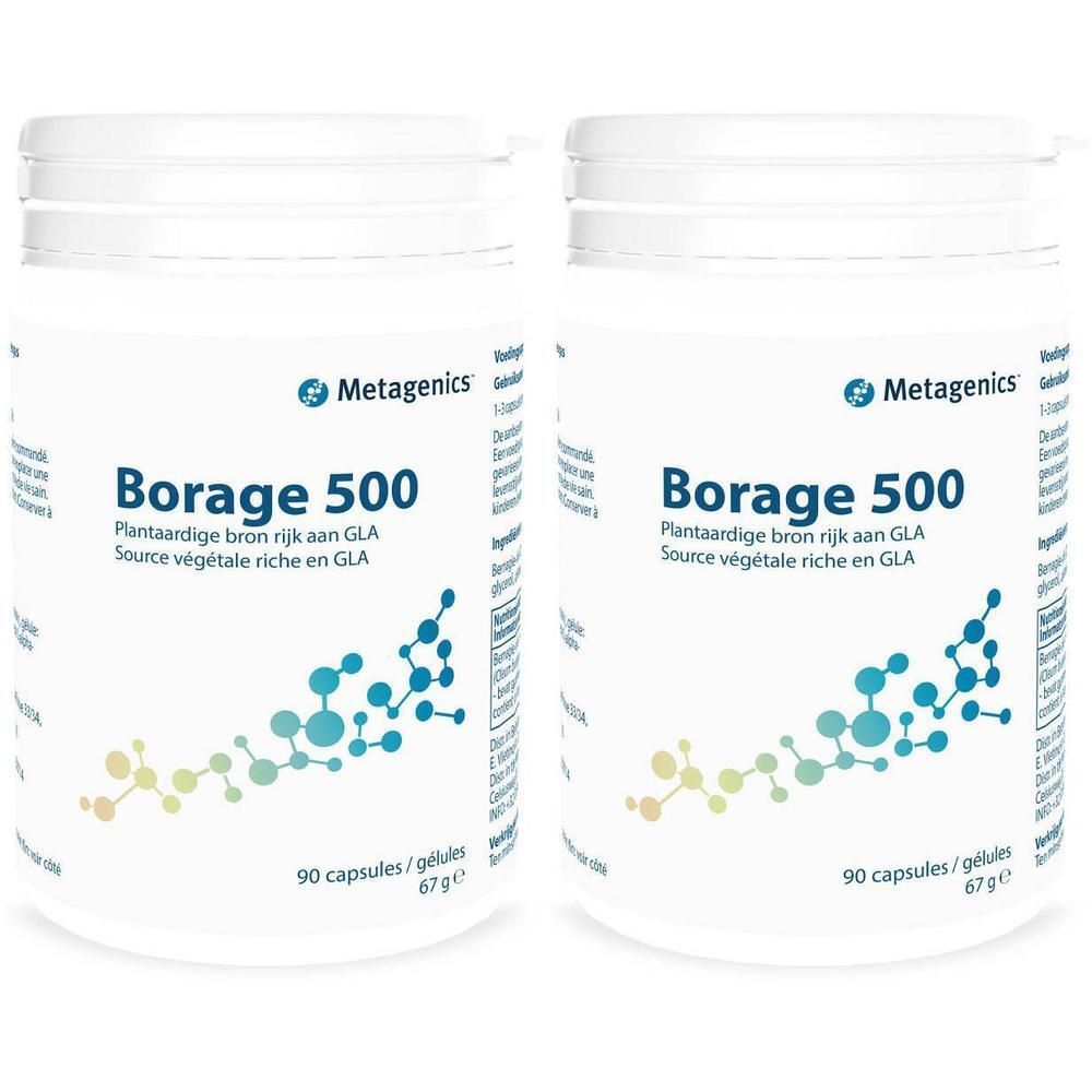 Zwei weiße Behälter mit Etikett. Aufschrift: Metagenics Borage 500. Enthält 90 Kapseln. Pflanzliche Quelle für GLA.