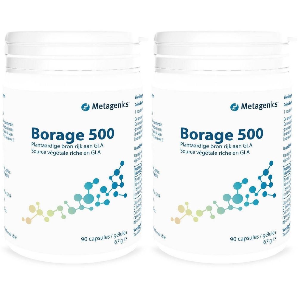 Deux pots blancs avec étiquette. Inscription: Metagenics Borage 500. Contient 90 capsules. Source végétale de GLA.