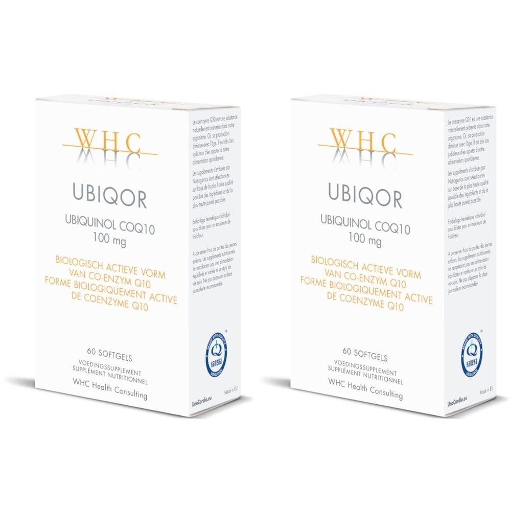 Zwei weiße Kartons mit Produktaufdruck. Aufschrift: UBIQOR Ubiquinol CoQ10 100 mg. 60 Softgels. WHC Health Consulting.
