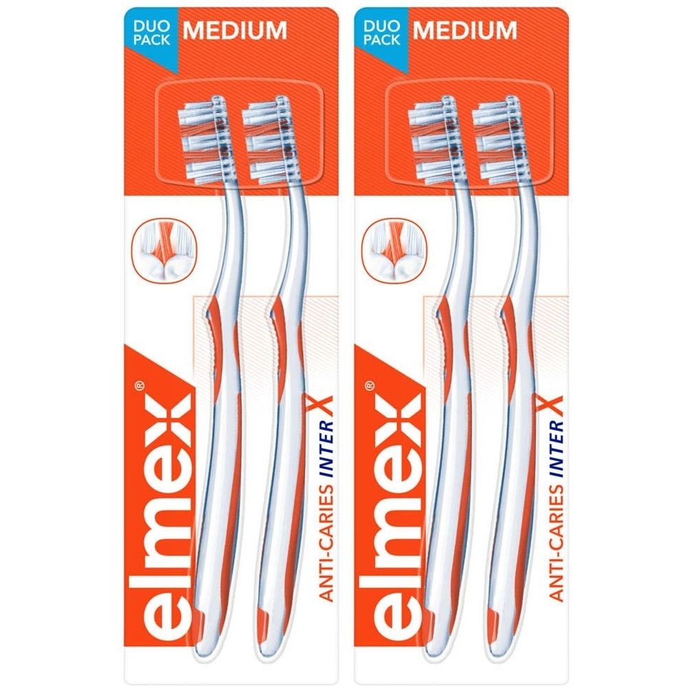 Deux brosses à dents elmex® InterX en duo-pack. Manches blancs, soies blanches. Emballage avec nom et logo.