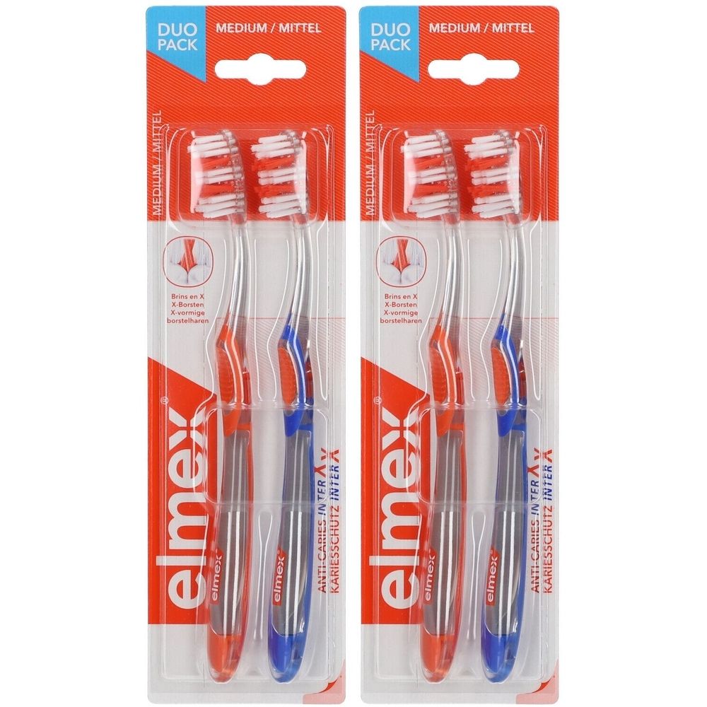 Deux brosses à dents elmex® InterX en duo-pack. Manches rouges et bleus, soies blanches. Emballage avec nom et logo.